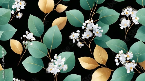 Intricate watercolor design with dark green eucalyptus and white blossoms accented by gold details on a black background ideal for decorative textiles and prints