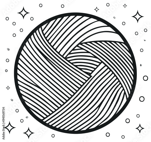 Ball of Yarn Black and White Outline Graphic Element Knitting Crochet