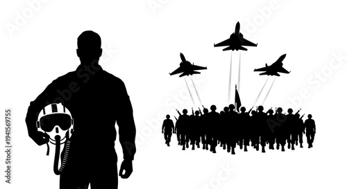 Silhouette of pilot holding helmet with fighter jets and soldiers in formation against white background