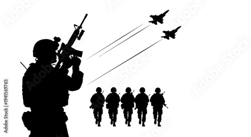 Silhouette of Soldier Aiming Rifle with Fighter Jets Flying Overhead and Troops Marching
