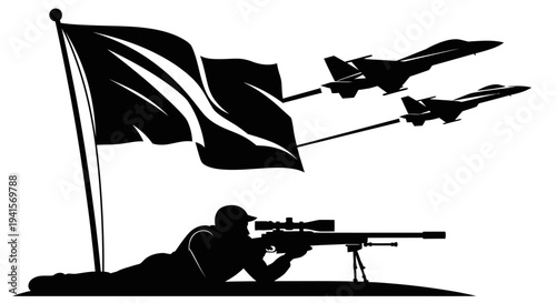 Silhouette of Sniper Aiming Rifle, Fighter Jets Flying Over Flag
