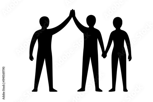 Three people high five teamwork success celebration flat design black silhouette vector illustration