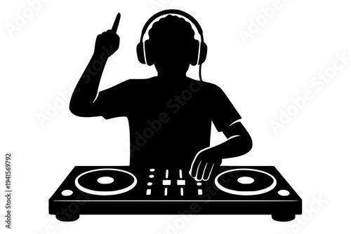 DJ mixing music on turntables with headphones and pointing finger professional black silhouette