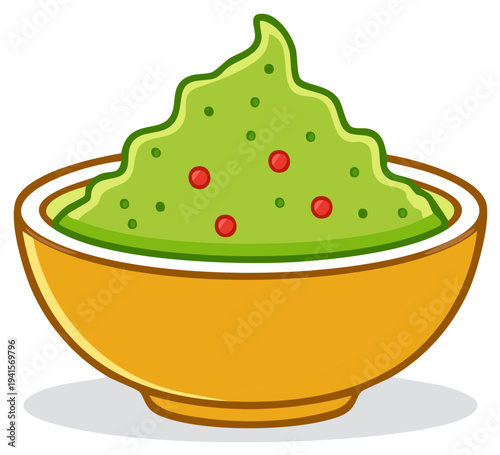 Bowl full of fresh guacamole avocado dip with red tomato chunks for festive appetizer cuisine
