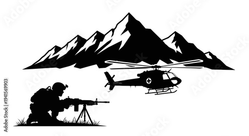 Silhouette of Soldier with Machine Gun and Helicopter in Mountains