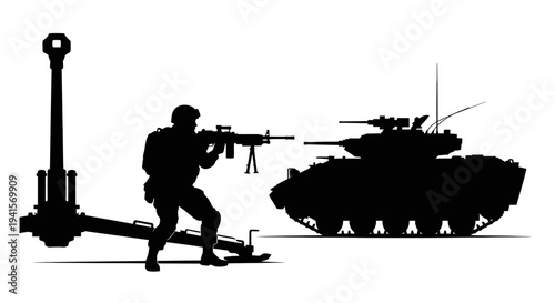 Silhouette of Soldier with Machine Gun and Tank in Combat Stance
