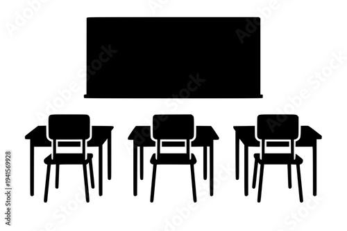 classroom setup, school desks, chairs and blackboard, education