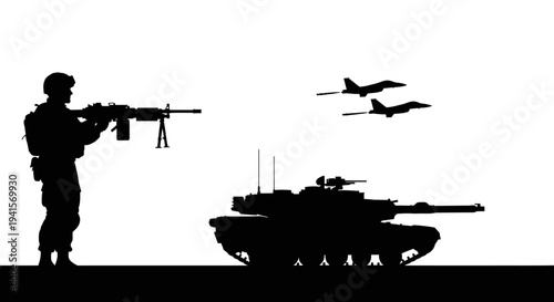 Silhouette of Soldier with Machine Gun, Tank, and Fighter Jets in Formation