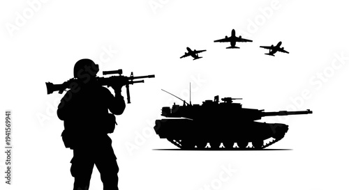 Silhouette of soldier with machine gun, tank, and fighter jets in formation