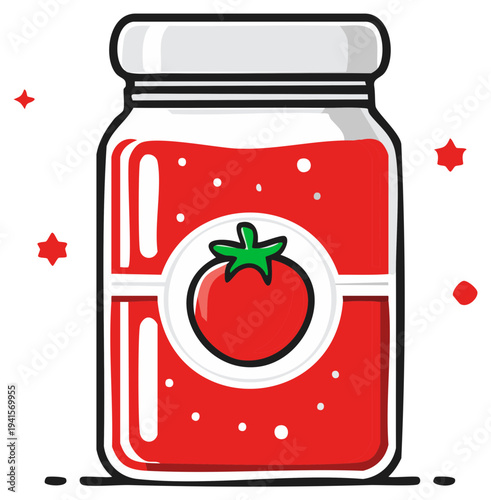 Jar of tomato sauce illustration with label and stars around, graphic design.