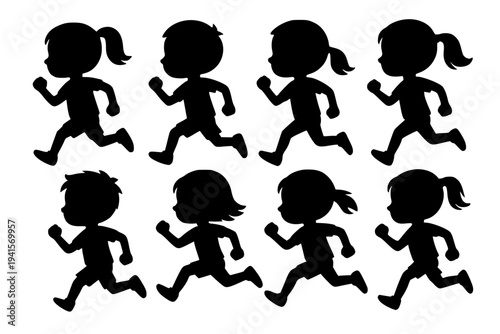 Silhouette family running together joyfully in black and white minimalist style