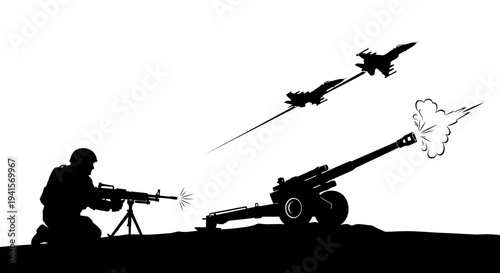 Silhouette of soldier with machine gun, artillery firing, and fighter jets in sky
