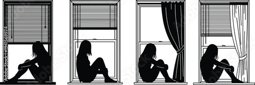 Sad woman sitting by window silhouettes set, loneliness depression concept female thinking alone indoors isolated on white background