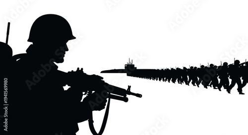 Silhouette of Soldier with Rifle and Marching Army Against Submarine Background