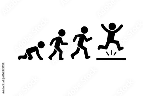 Tableau sur toile Silhouette figures progressing from crawl to jump representing growth and succes
