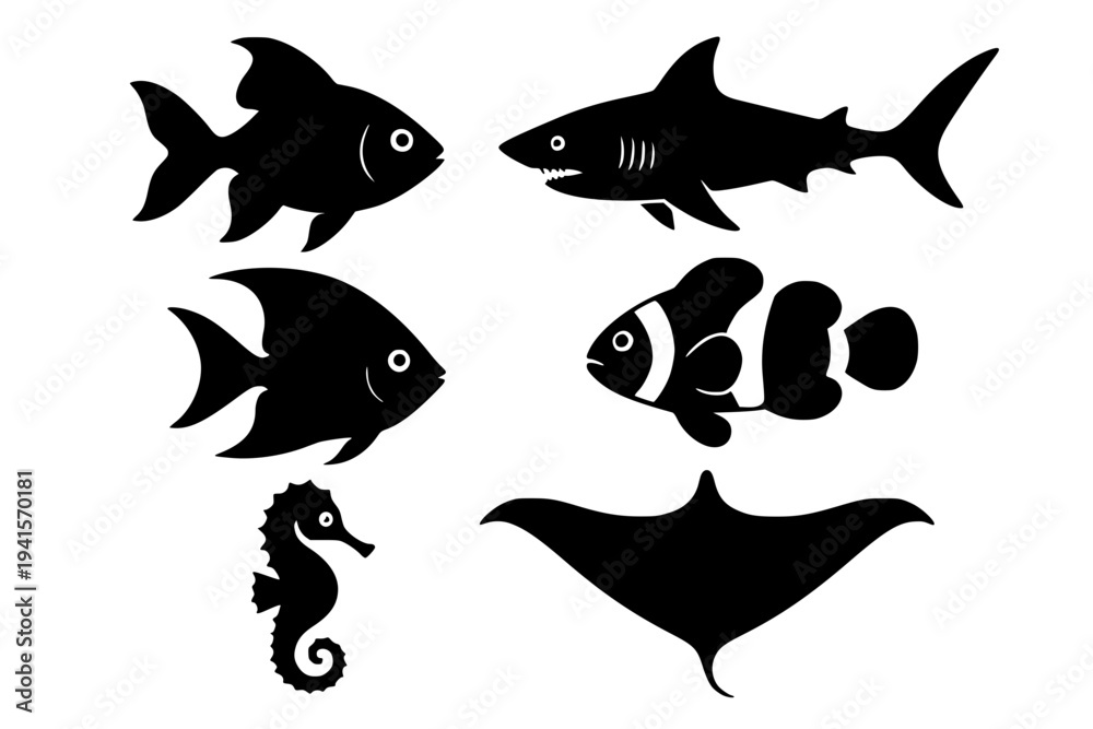 Obraz premium Set of black and white sea animals vector icons isolated on white background