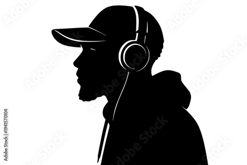 Futuristic profile silhouette with headphones and glowing visor in minimalist black and white design