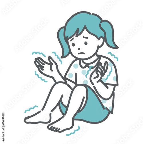 手足のしびれや震えで不安そうな女の子（子供）のイラスト