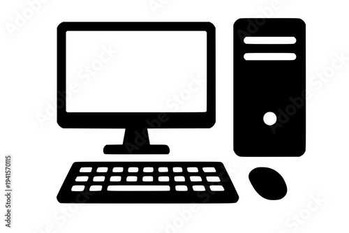 Modern desktop computer setup with monitor keyboard mouse minimalist black flat design vector illustration