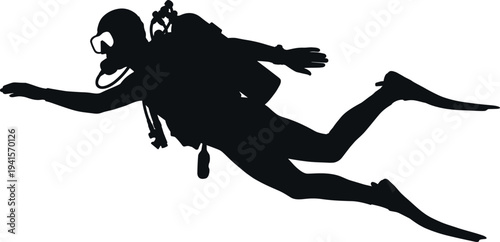 Scuba diver silhouette swimming underwater with diving equipment and oxygen tank isolated on white background marine adventure illustration