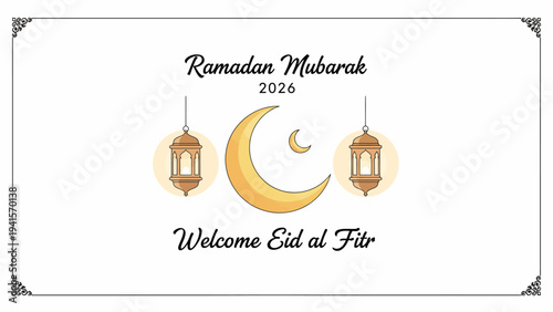 Celebratory Eid al Fitr greeting card with lanterns and crescent moon symbolizing Ramadan Mubarak 2024