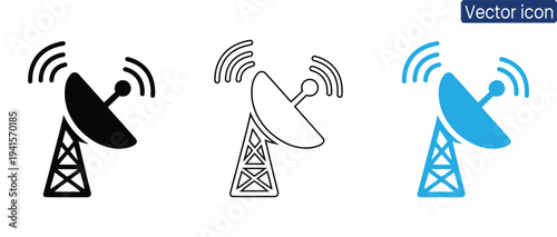 Set of satellite dish icons on towers for communication and signal transmission