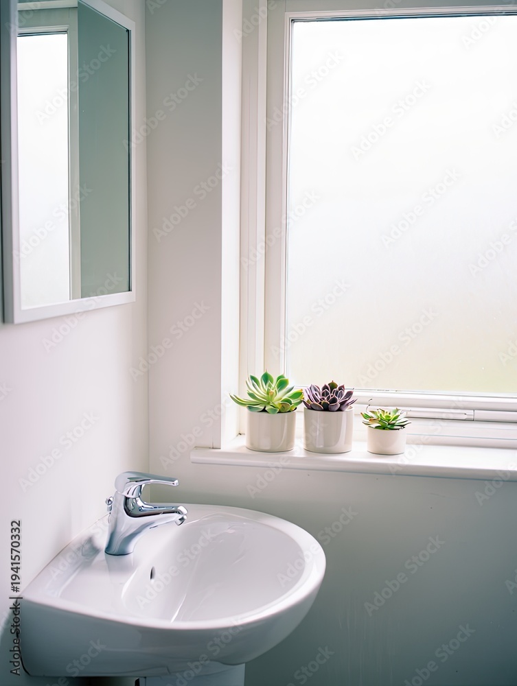 Fototapeta premium Modern bathroom sink with succulents on windowsill and mirror