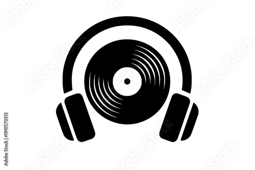 Vinyl record with headphones, music symbol, audio icon, black and white