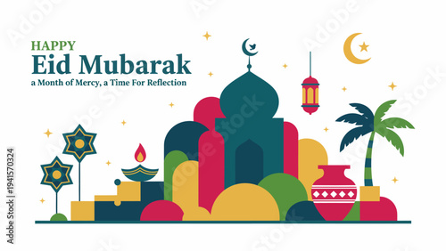 A colorful illustration of Eid Mubarak celebration with mosque, stars, and lanterns, symbolizing a month of mercy and reflection
