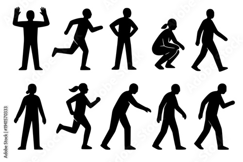 Black silhouettes of people running, walking, and gesturing on white background