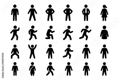 Diverse business team poses and actions flat icons set for corporate success and leadership