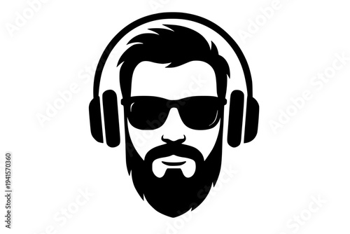 Man with headphones and sunglasses listening to music cool black silhouette vector illustration