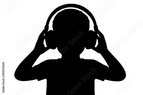 Silhouette person stress headache holding head over ears black background minimalist concept