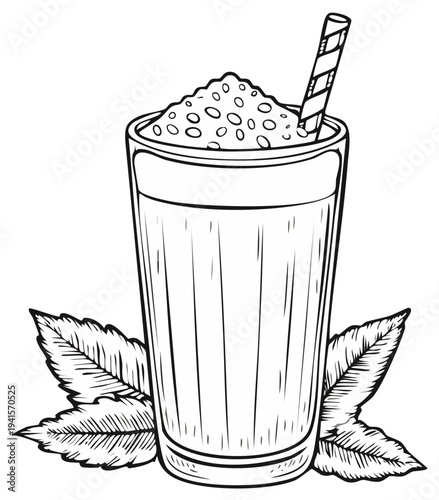 Ink drawing of a glass of refreshing beverage with straw and mint leaves