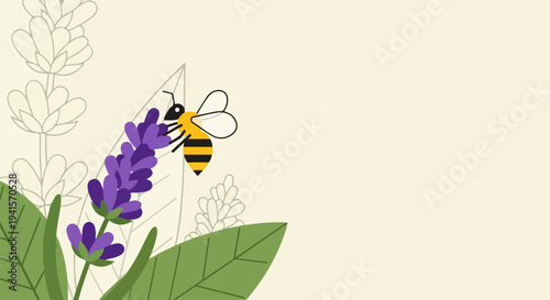 Cartoon bee lavender flower illustration on cream background. Busy insect pollinates vibrant purple lavender flower bloom with fresh green leaves.