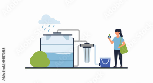 Clean rainwater harvesting system illustration shows tank collecting water from cloud. Filtered water then flows into blue bucket, person holding small bottle.