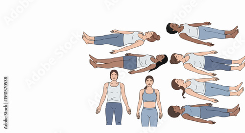 Diverse person lying supine in various relaxed poses for medical illustration or educational infographic. This person lying supine shows different skin tones and body positions,