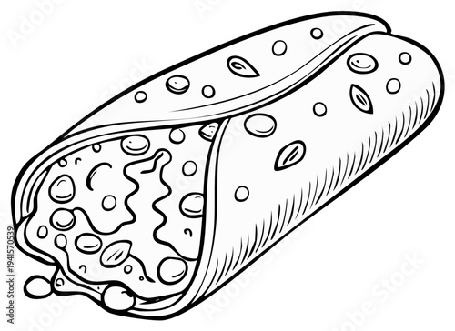 Hand-drawn outline illustration of a delicious burrito filled with ingredients