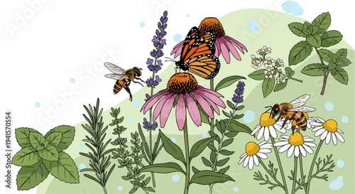 Various medicinal herbs illustration with echinacea, lavender, chamomile, and mint plants. Medicinal herbs attract bees and butterfly, showing rosemary and verbena as natural remedies.