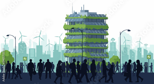 Green city skyline with plant covered building, solar panels, walking crowds below. Cityscape features wind turbines, modern infrastructure, illustrating green city planning.