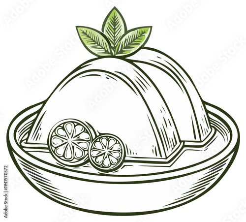 Illustration of a dessert with lemon slices and mint leaves in a bowl.