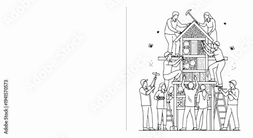 Teamwork concept illustration shows group workers building house, emphasizing cooperation. Individuals use tools, ladders, planks, sharing tasks for effective teamwork concept.