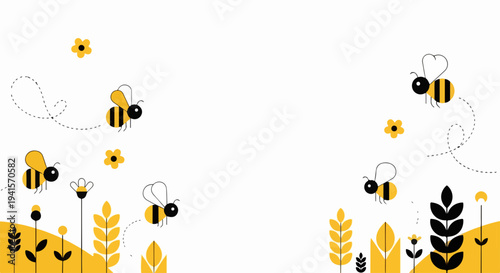 Minimalist flying bees illustration, yellow flowers and wheat stalks on white. Stylized flying bees with dotted flight paths among simple botanical elements for cheerful spring scene.