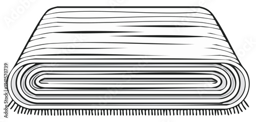 Cleanly Folded Striped Blanket or Rug with Fringes Black and White Drawing