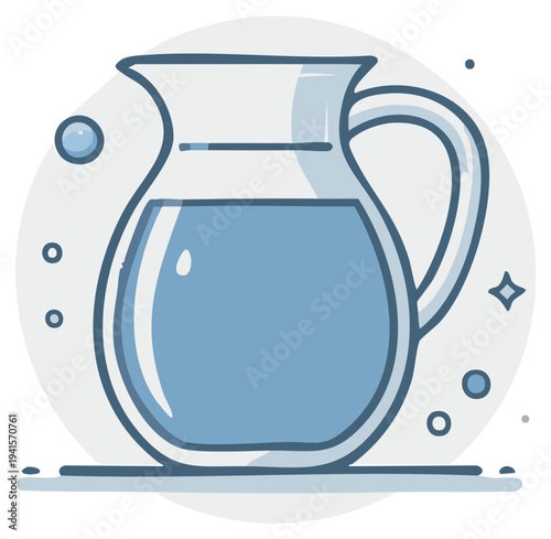 Cartoon-style glass water pitcher icon with bubbles and stars on gray background