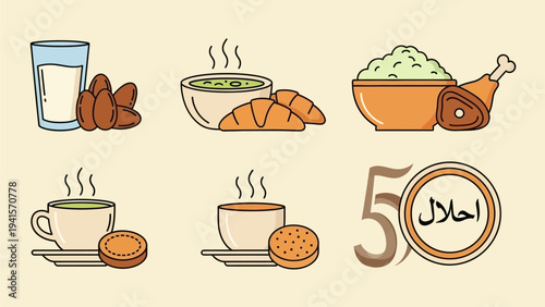 Assorted halal food and drink illustrations including croissants, chicken, and coffee cups, viewed from directly above