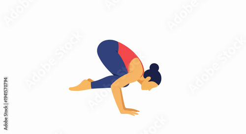 Illustration woman demonstrating yoga pose, balancing body hands. Sporty woman performing Bakasana yoga pose, showcasing arm strength, core control. Concept yoga pose for fitness apps,