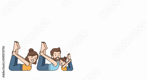 Joyful family yoga pose forms love word, depicting parents and child performing creative family yoga exercise, symbolizing togetherness and wellbeing. Concept family yoga for wellness blogs,