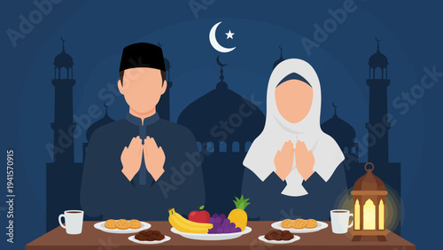 Ramadan Iftar Meal with Couple in Traditional Attire Under Crescent Moon and Mosque Silhouette