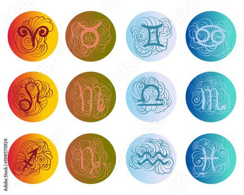 Twelve zodiac symbols inside vibrant gradient circles with decorative swirl clouds and line art, Astrological signs collection